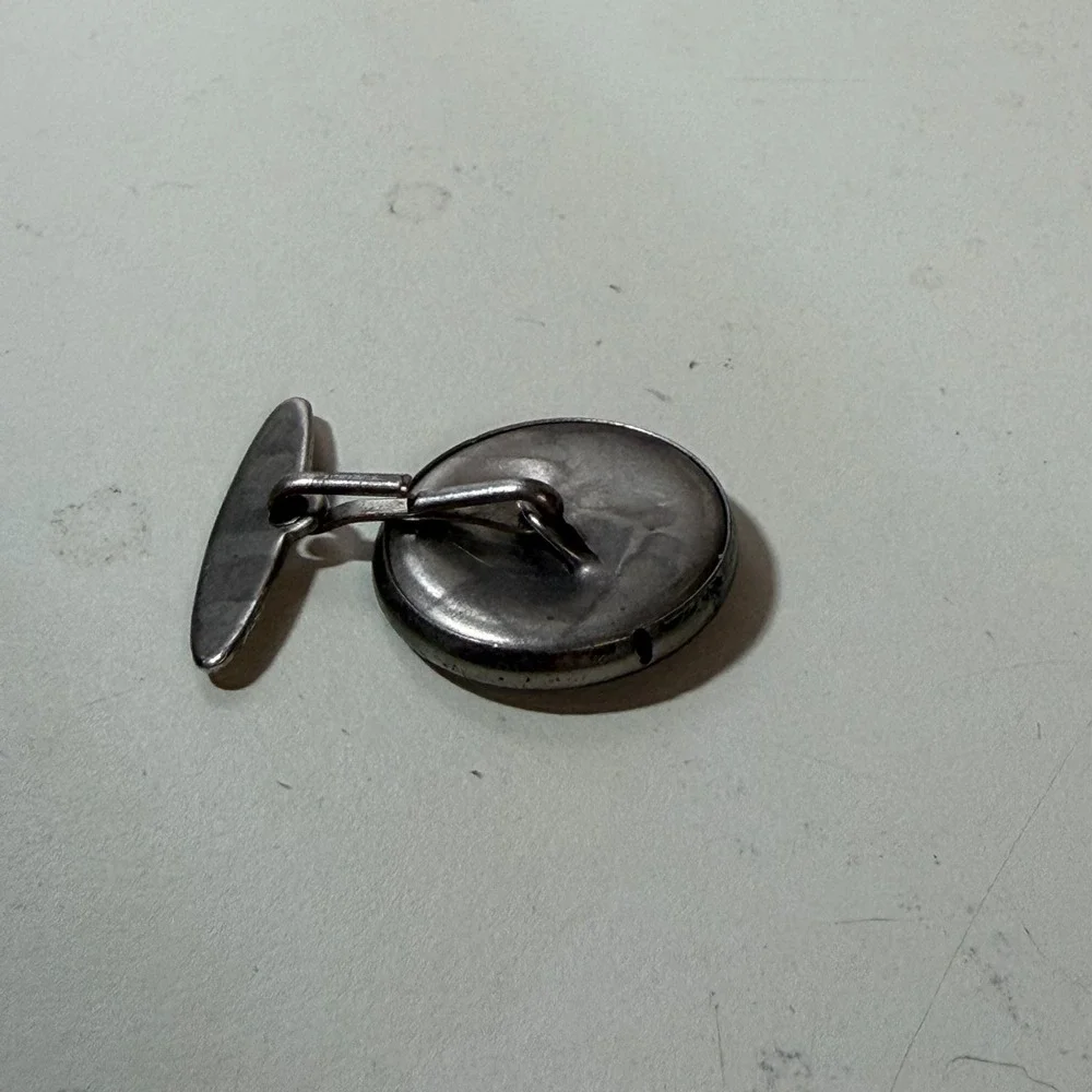 Vintage Silver Tone Downhill Skier Cufflink Single Round Textured Winter Sports